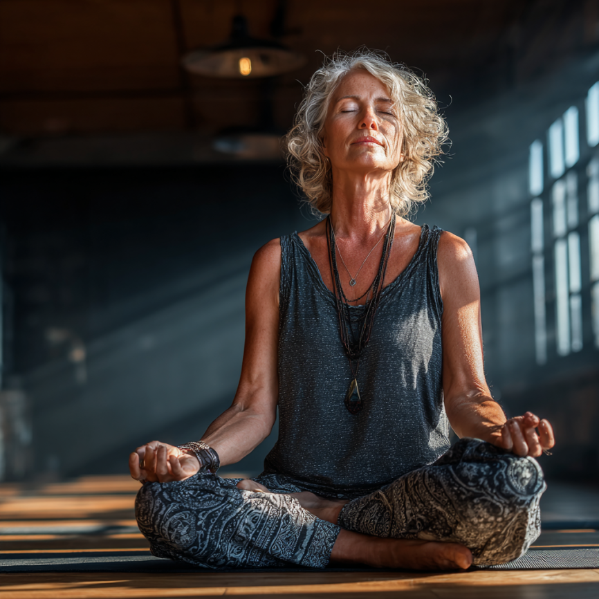 Idős hölgy jógázik a parkban