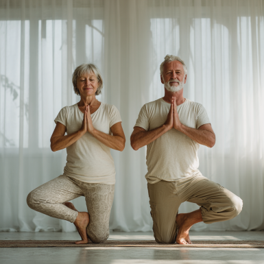 Jóga csoport idős emberekkel a természetben